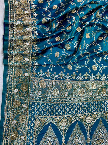 Handwork Banarasi Silk Saree – Teal Blue with Zari &amp; Zardozi Embroidery