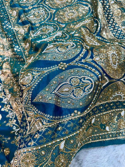Handwork Banarasi Silk Saree – Teal Blue with Zari &amp; Zardozi Embroidery