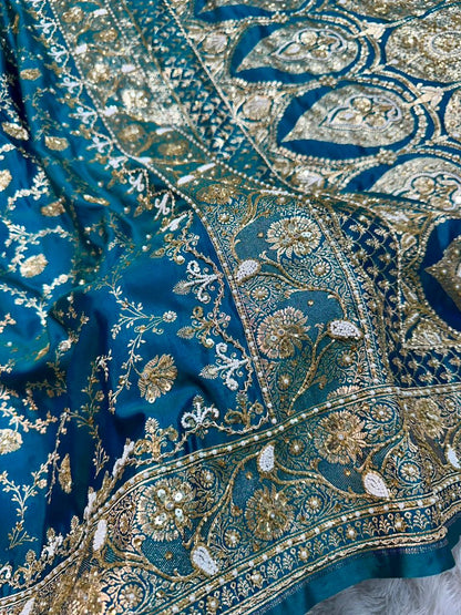 Handwork Banarasi Silk Saree – Teal Blue with Zari &amp; Zardozi Embroidery