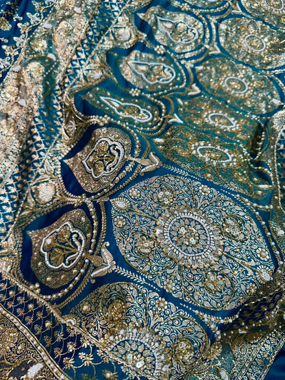 Handwork Banarasi Silk Saree – Teal Blue with Zari &amp; Zardozi Embroidery