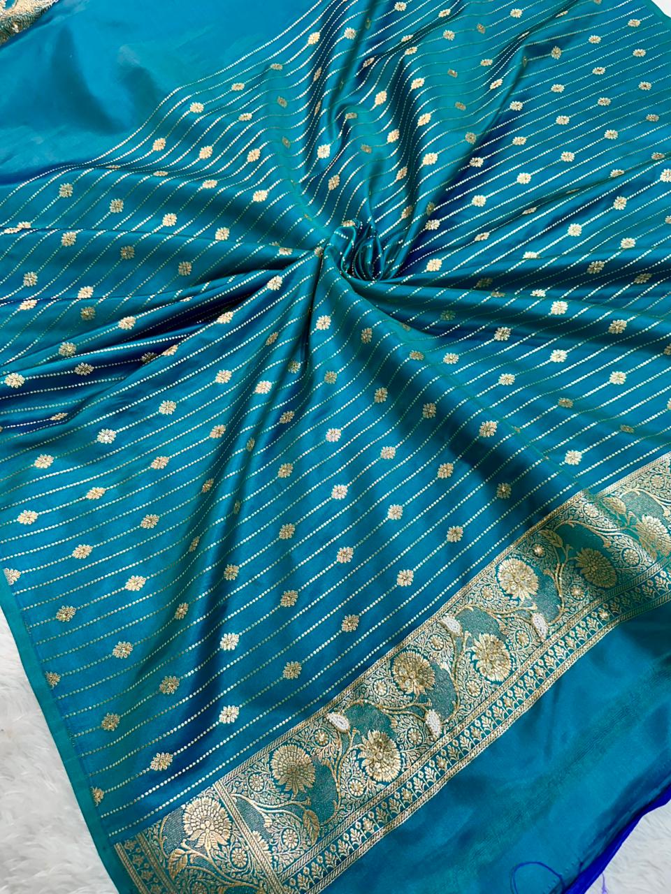 Handwork Banarasi Silk Saree – Teal Blue with Zari &amp; Zardozi Embroidery