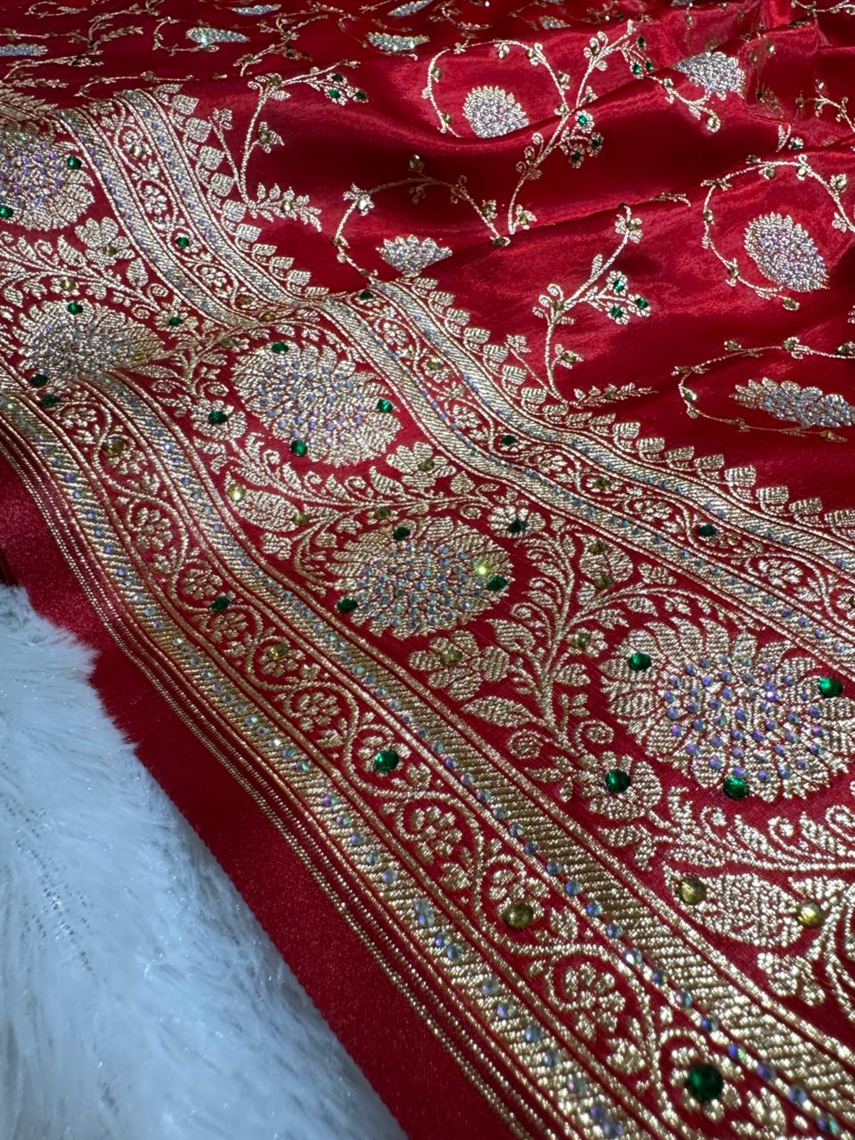 Royal Red Banarasi Saree – Heavy Zari, Stone Work &amp; Brocade Blouse