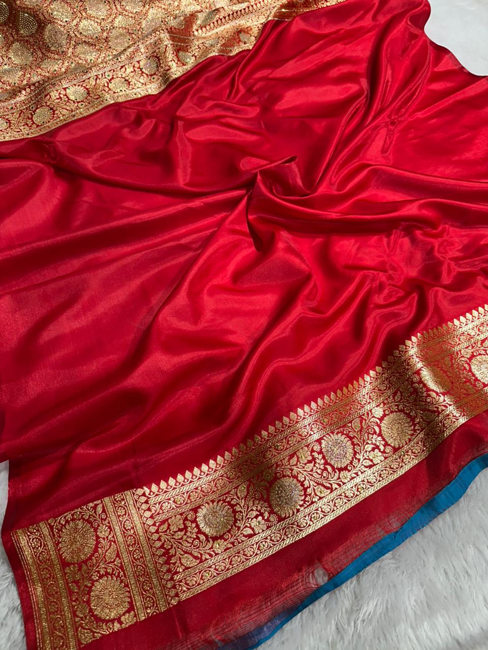 Royal Red Banarasi Saree – Heavy Zari, Stone Work &amp; Brocade Blouse