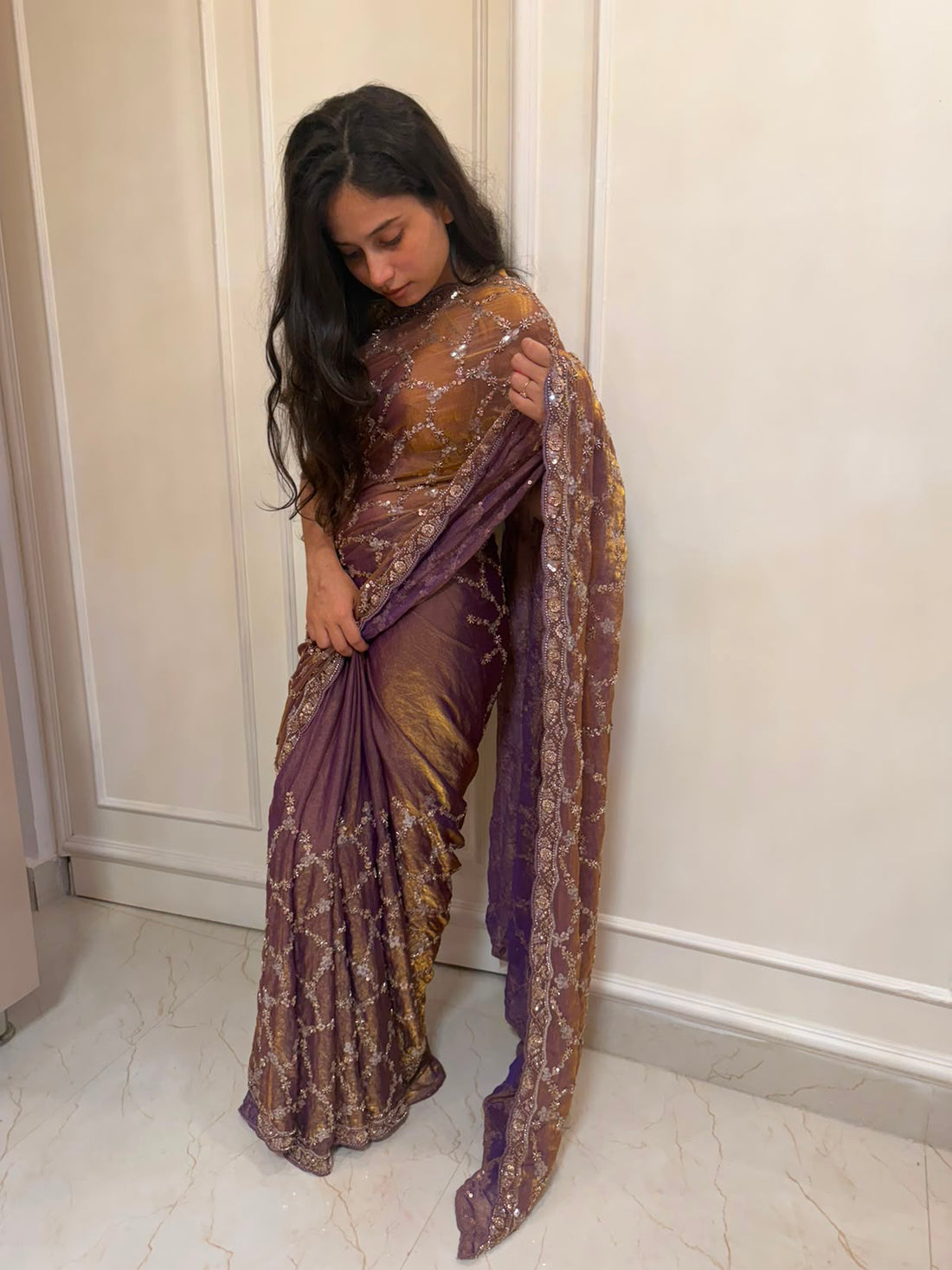 Kolkata Handwork Soft Tissue Saree with Sequin Work