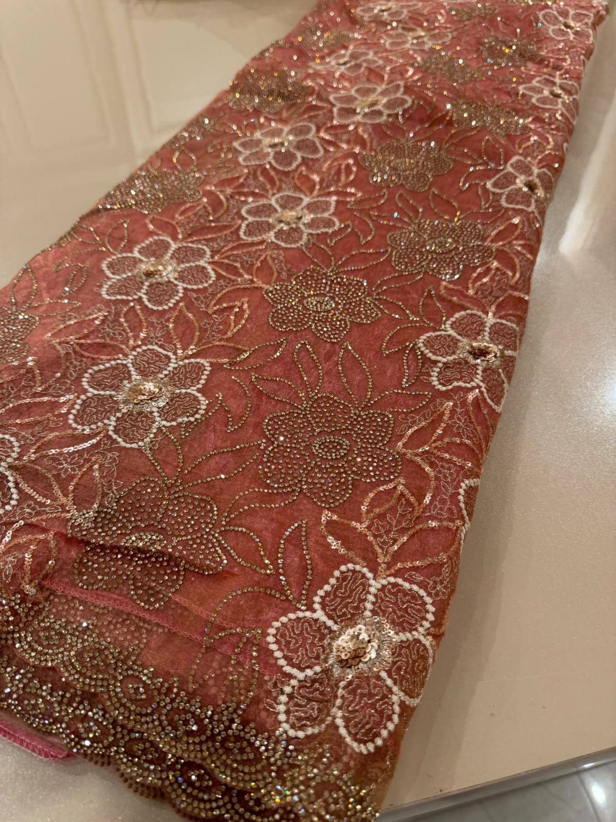 Peach Fancy Party Wear Saree with Intricate Stone Work