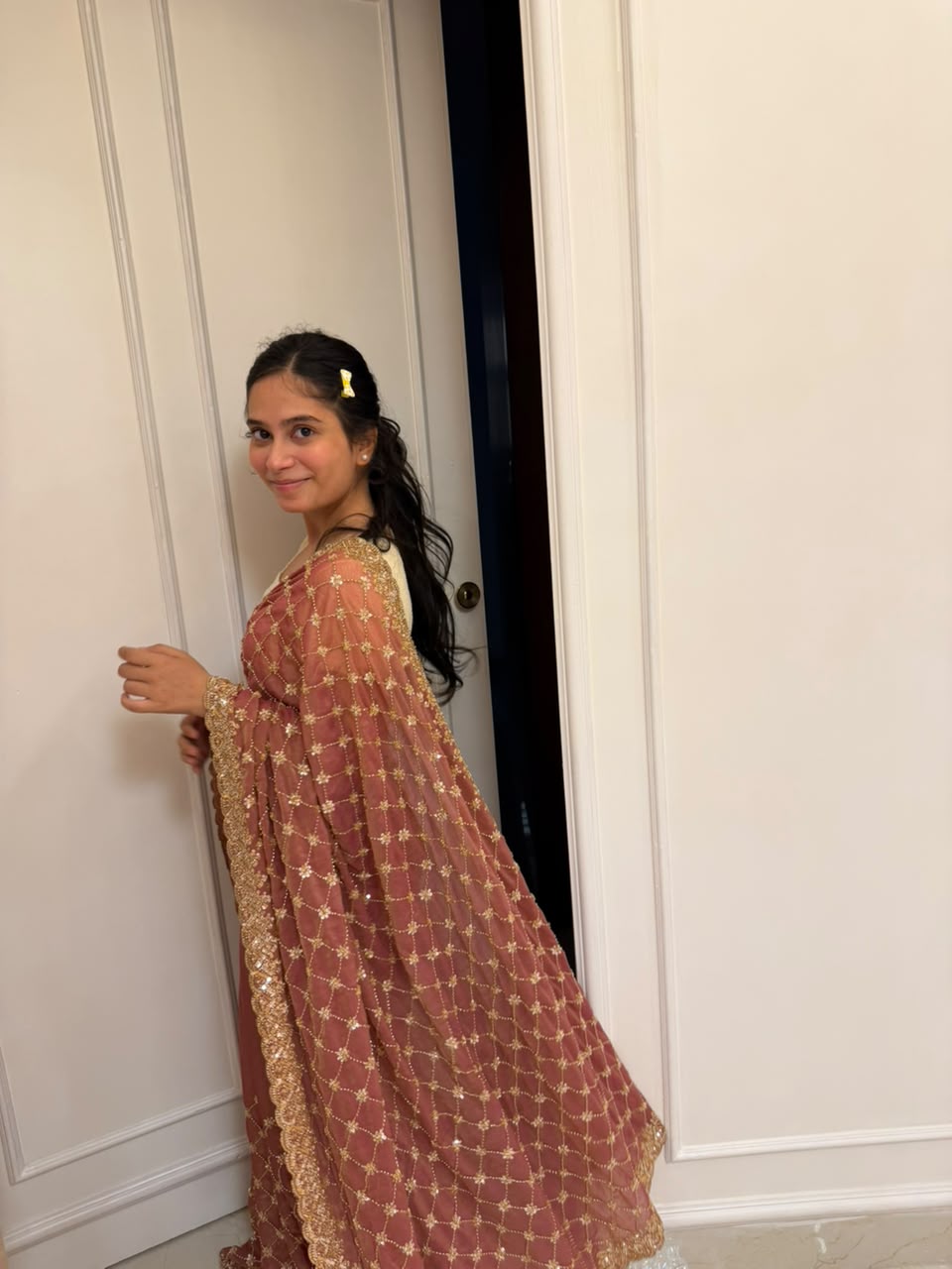Peach Aari &amp; Moti Handwork Saree | Party &amp; Wedding Wear