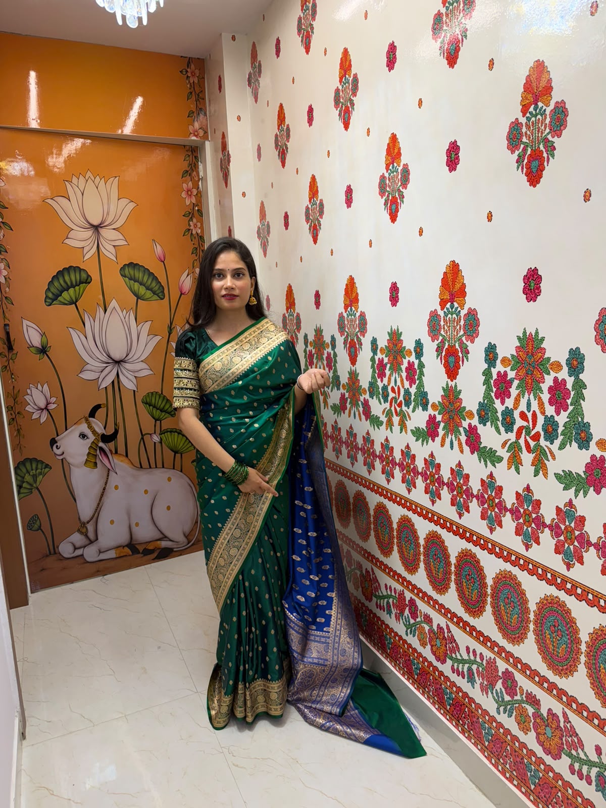 Teal Green Premium Silk Blend Satin Saree with Golden Zari Weaving