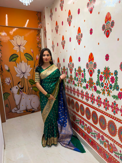 Teal Green Premium Silk Blend Satin Saree with Golden Zari Weaving