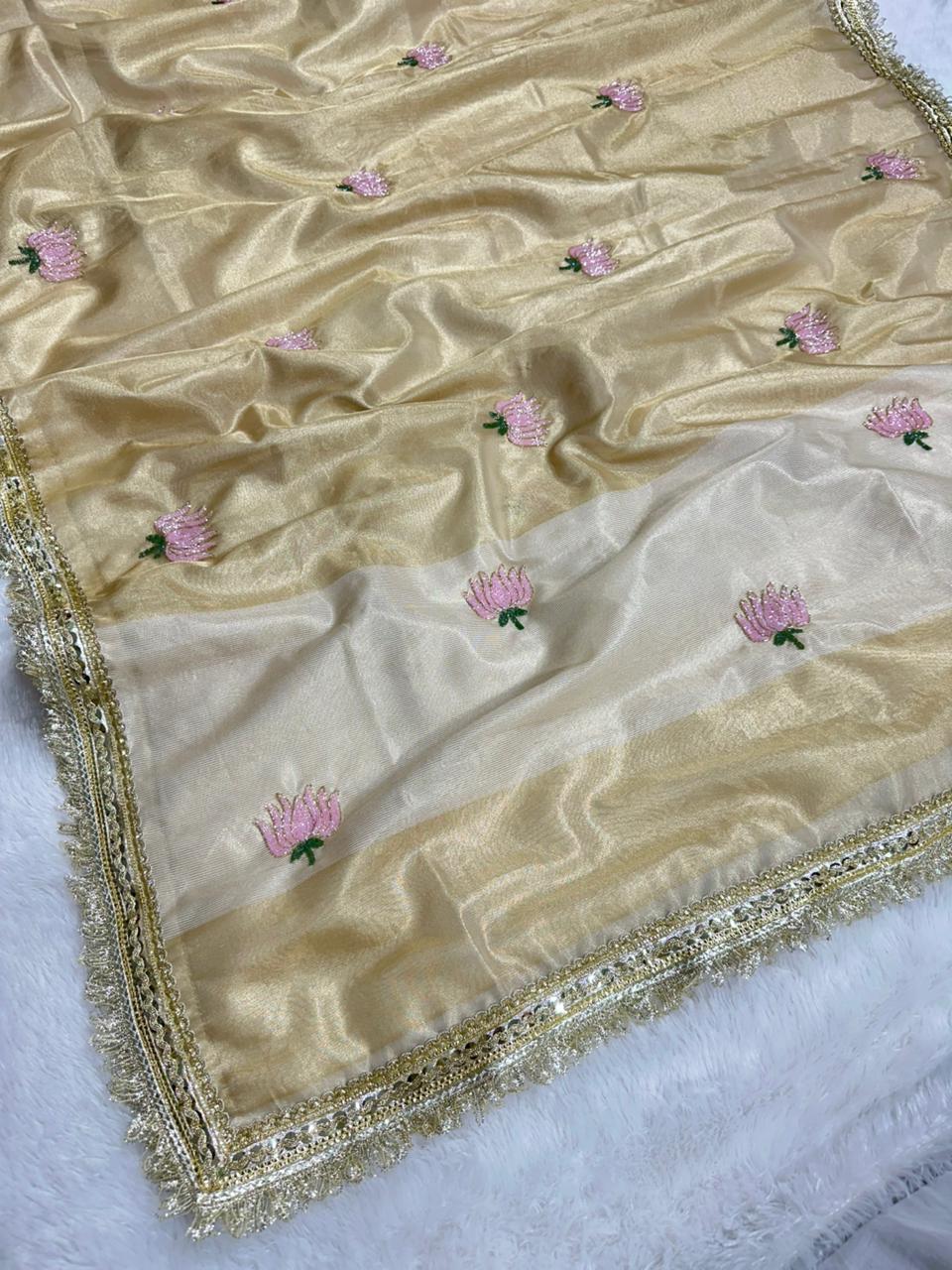 Premium Banarasi Tissue Saree with Handwork Lotus Motif