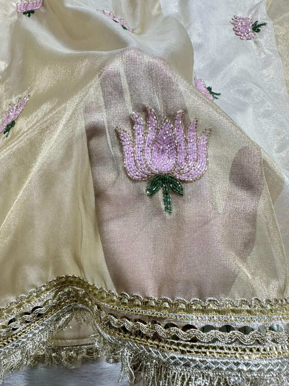 Premium Banarasi Tissue Saree with Handwork Lotus Motif