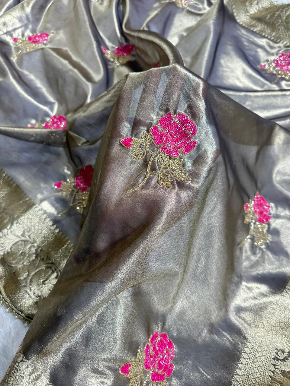 Premium Metallic Black Saree with Rose Motifs &amp; Pearl Lace