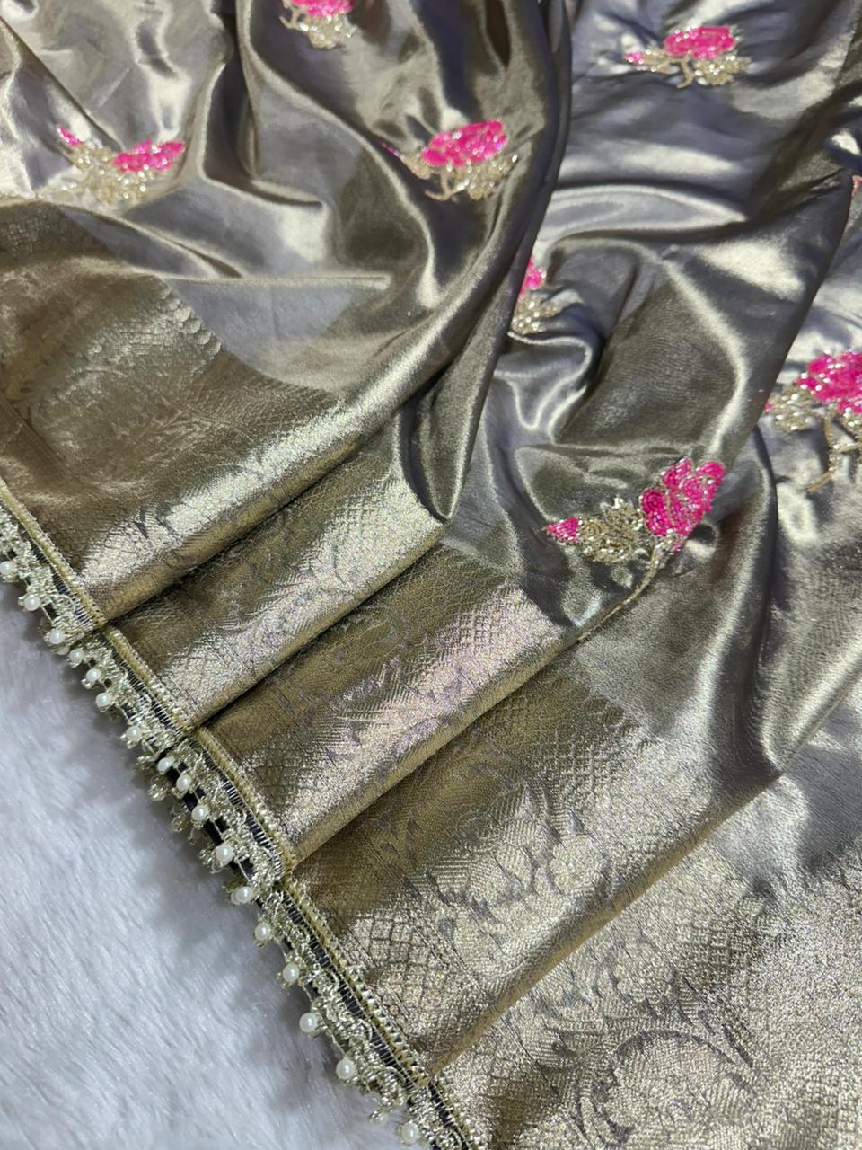 Premium Metallic Black Saree with Rose Motifs &amp; Pearl Lace