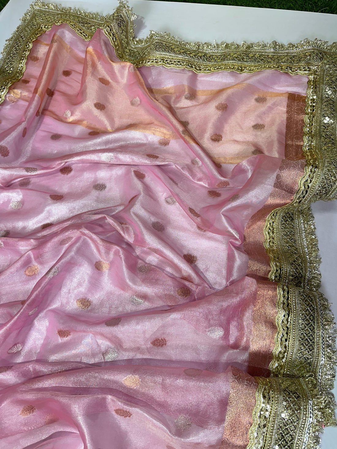 Baby Pink Banarasi Semi-Tissue Saree with Golden Zari Buti