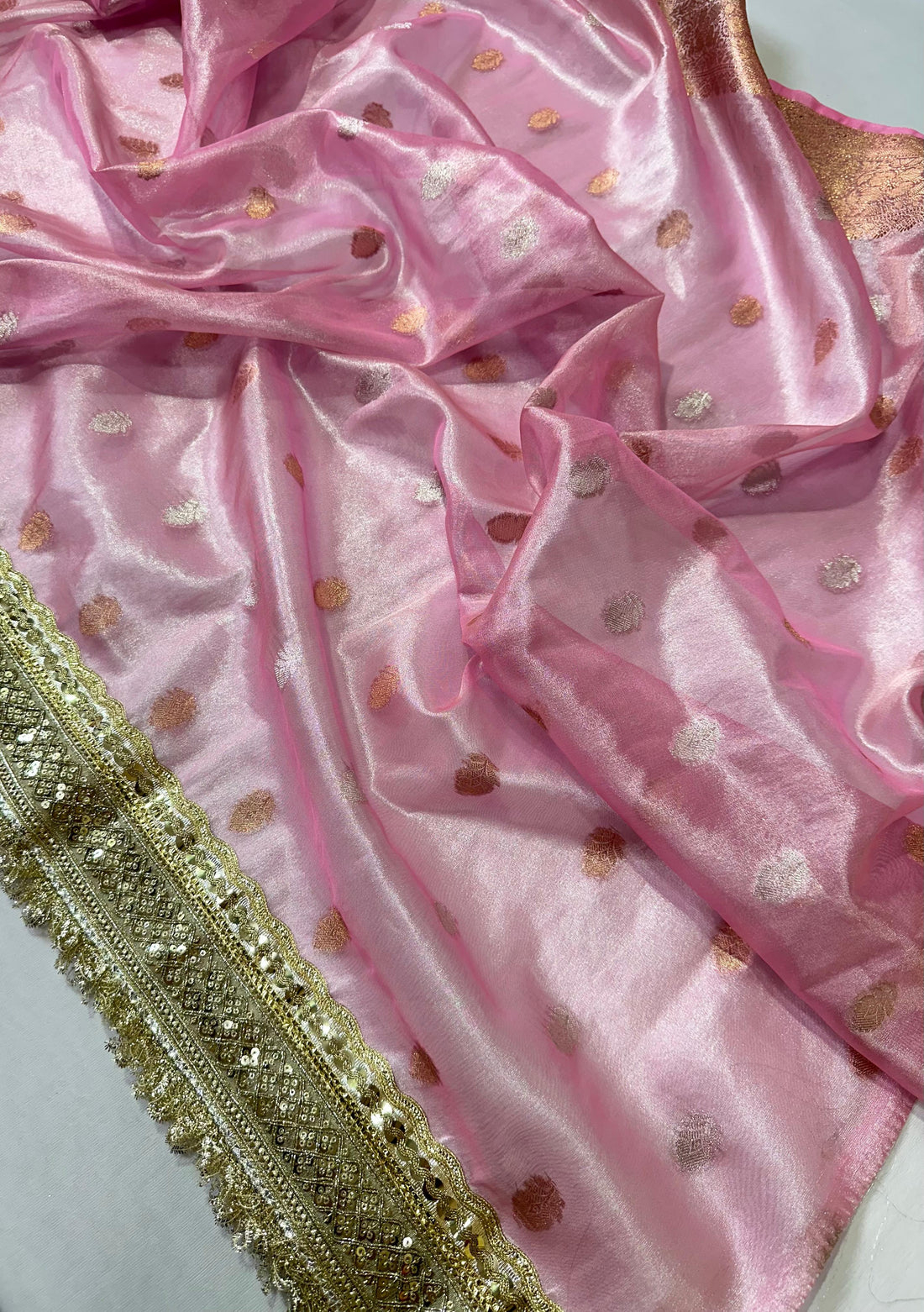Baby Pink Banarasi Semi-Tissue Saree with Golden Zari Buti