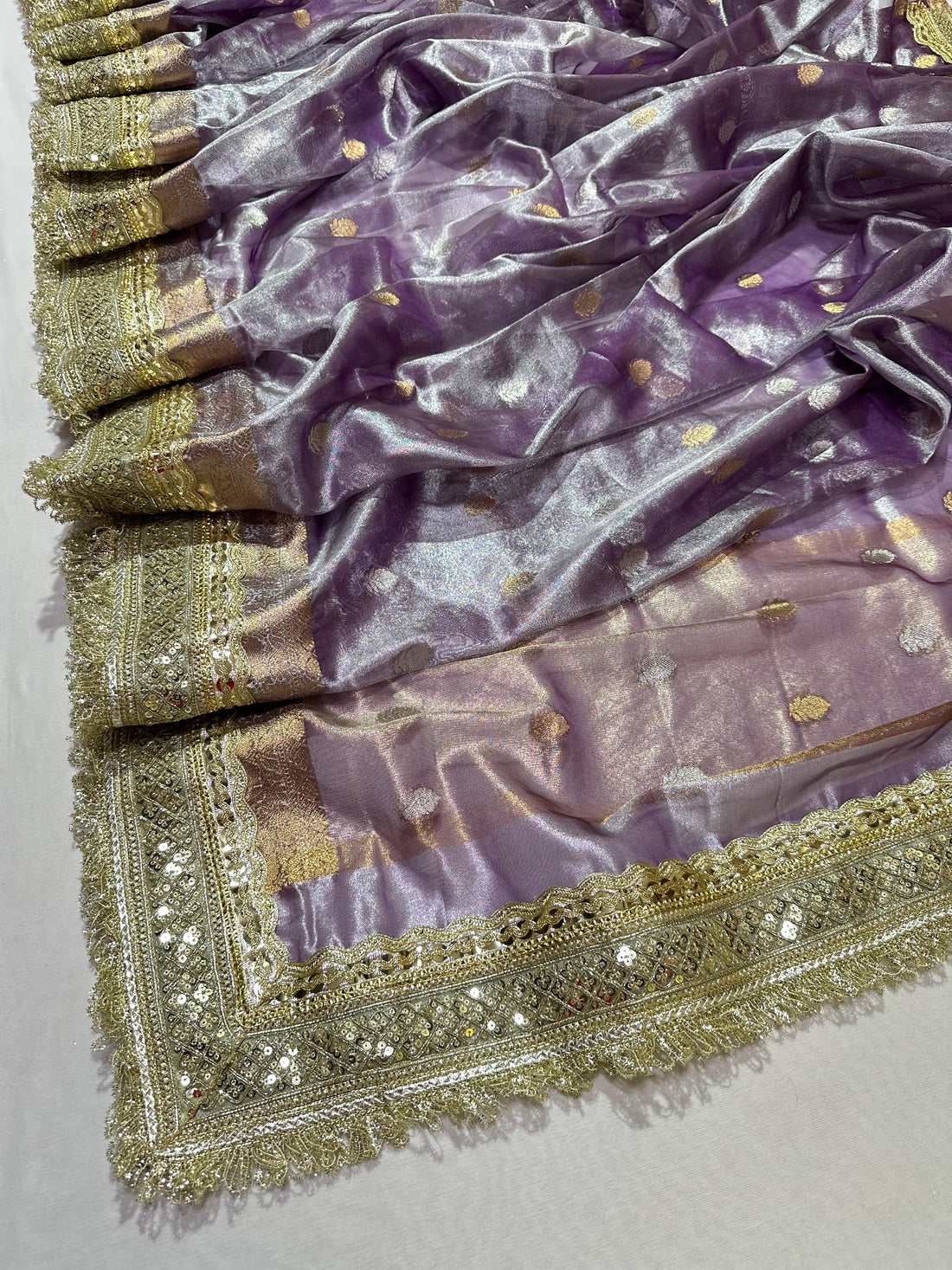 Metallic Lavender Tissue Saree with Crush Lace Border