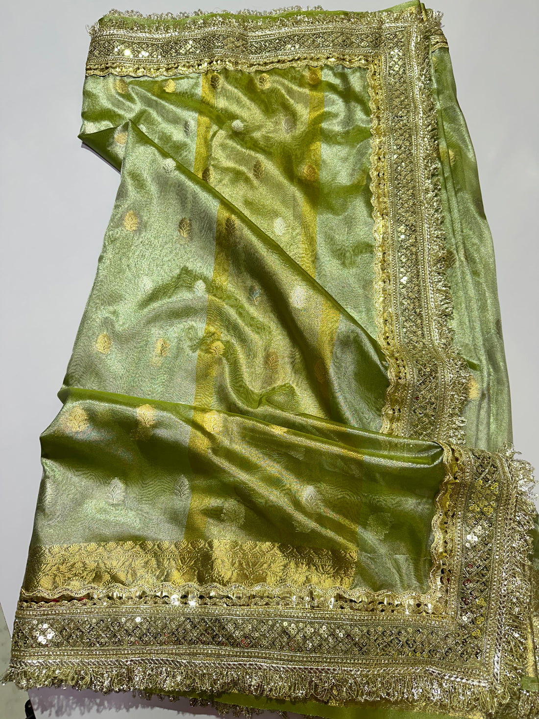 Metallic Green Tissue Saree with Crush Lace Border