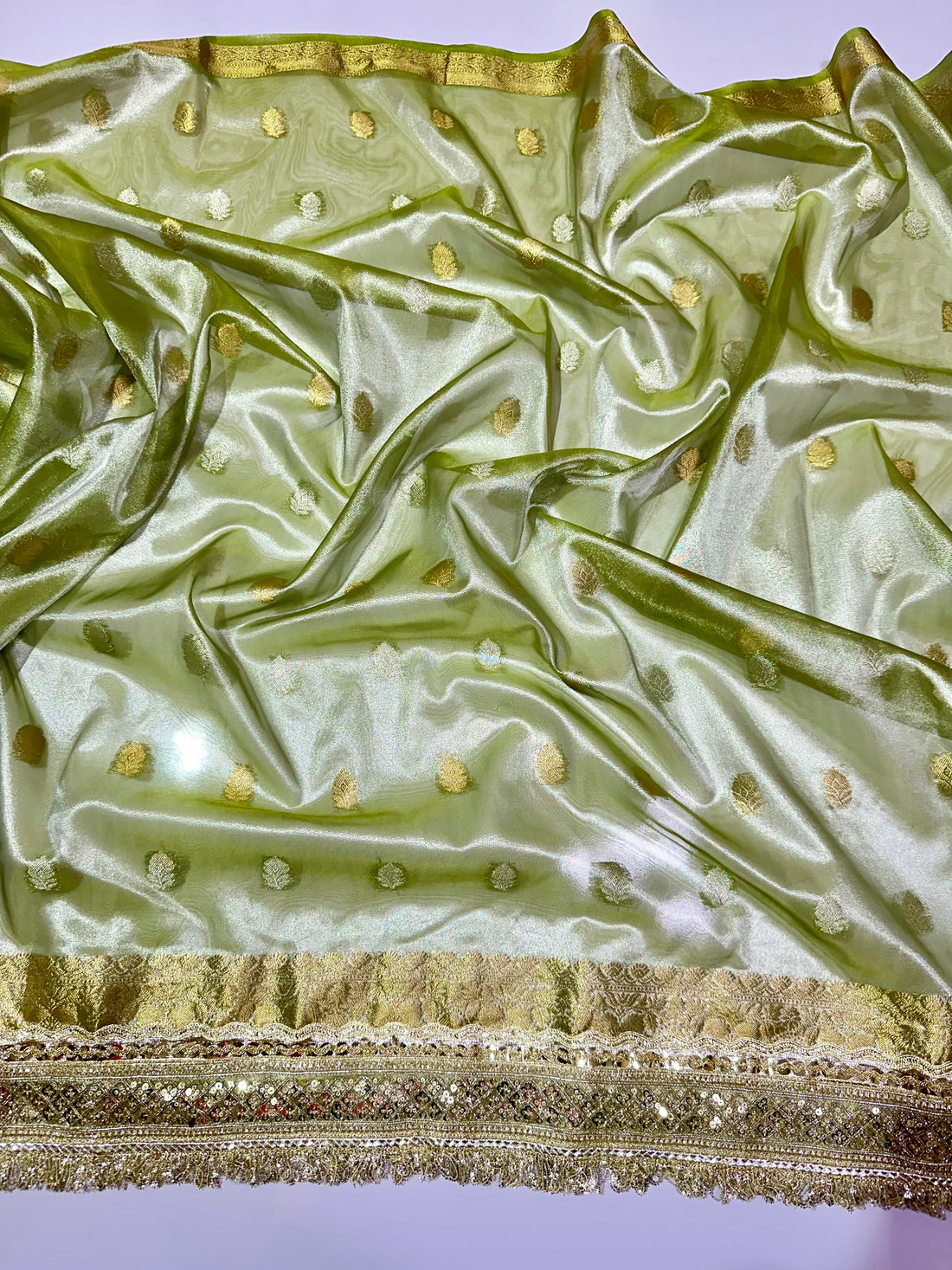 Metallic Green Tissue Saree with Crush Lace Border