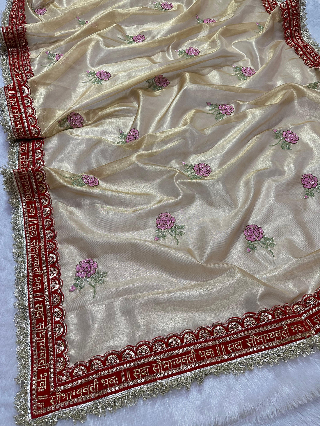 Golden Banarasi Semi-Tissue Saree with Hand Ari Rose Work