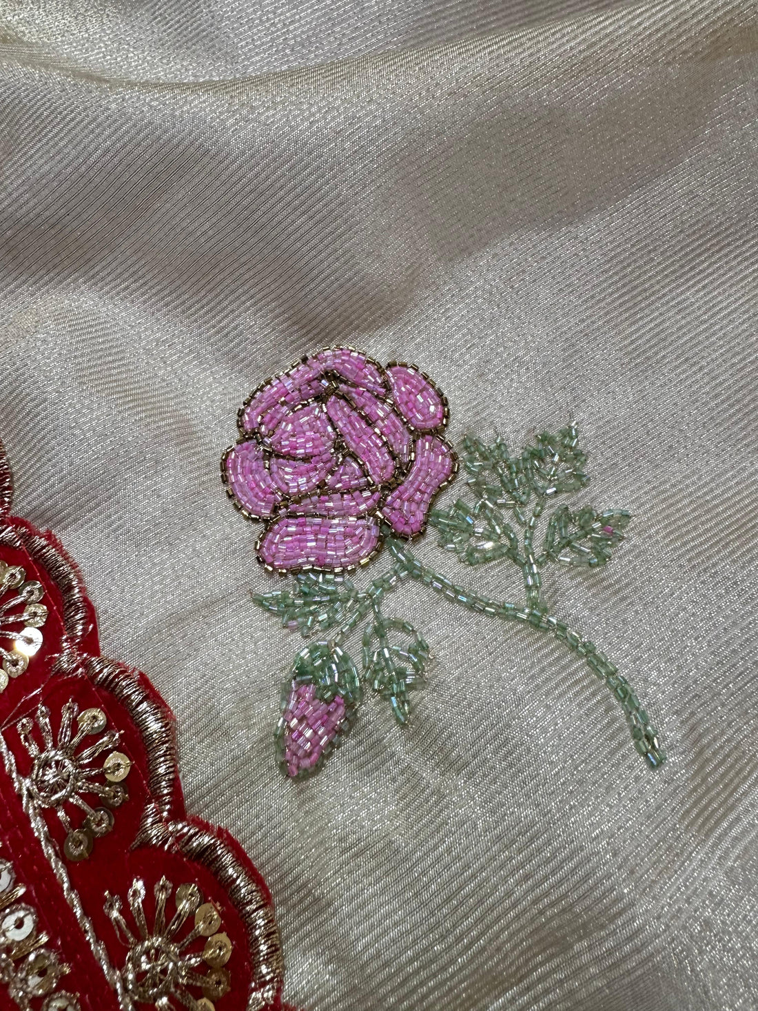 Golden Banarasi Semi-Tissue Saree with Hand Ari Rose Work