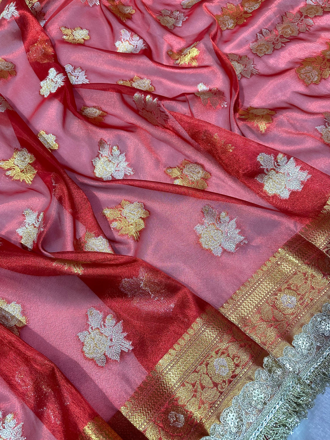 Red Banarasi Semi-Tissue Saree with Rose Motifs &amp; Running Blouse