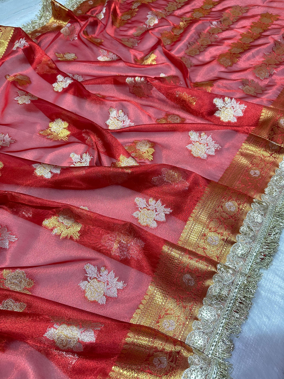 Red Banarasi Semi-Tissue Saree with Rose Motifs &amp; Running Blouse