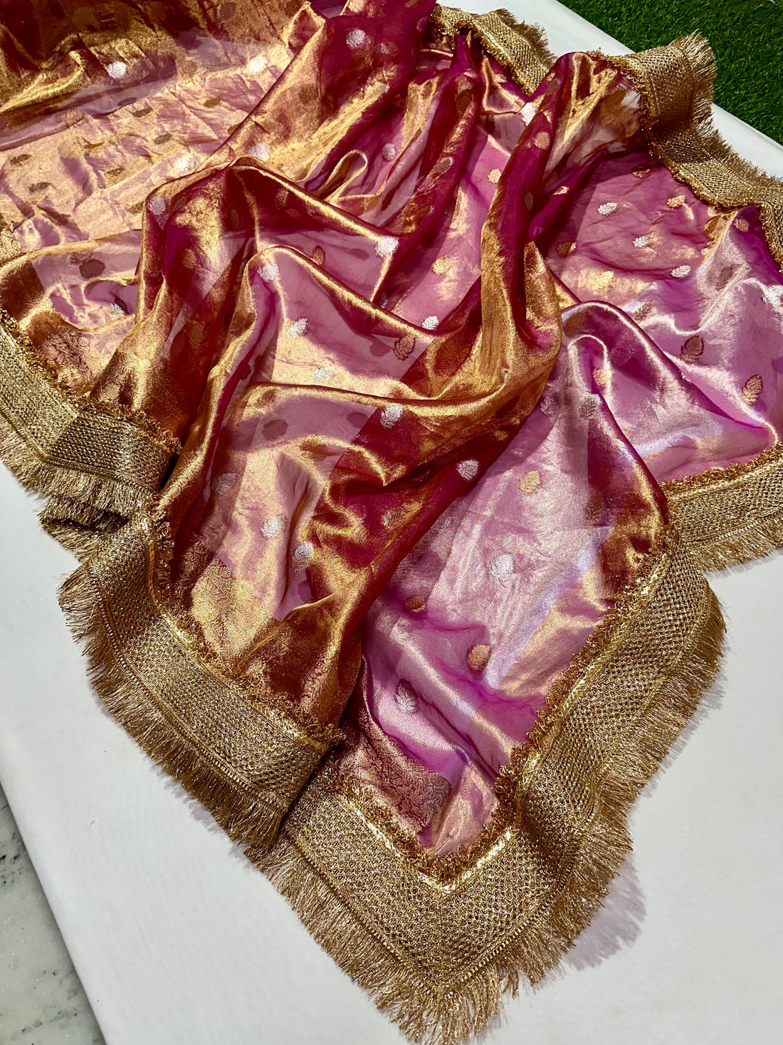 Metallic Pink Saree with Delicate Motifs &amp; Crush Lace Border
