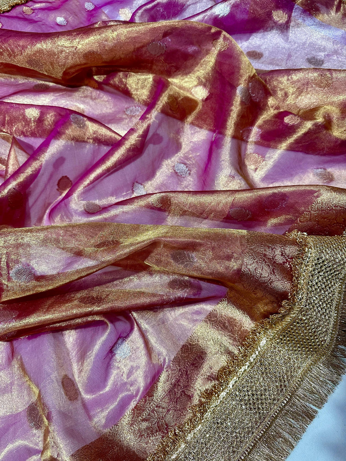 Metallic Pink Saree with Delicate Motifs &amp; Crush Lace Border