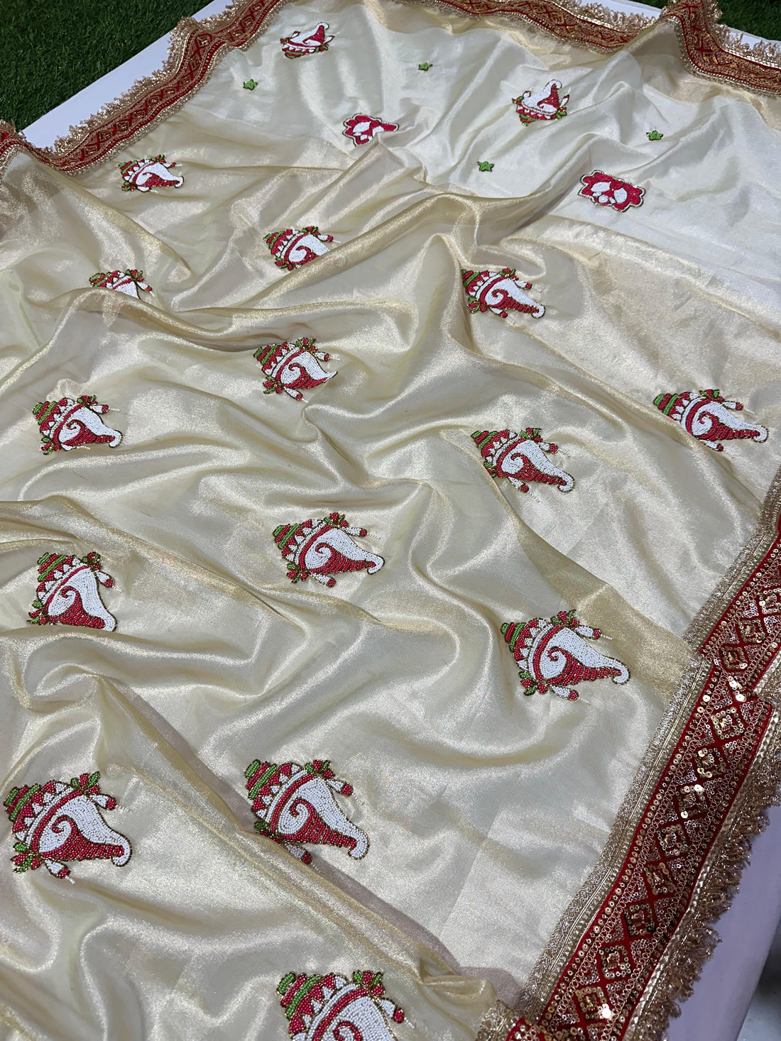 Silver Banarasi Semi Tissue Saree with Shankh Motifs &amp; Hand Ari Work