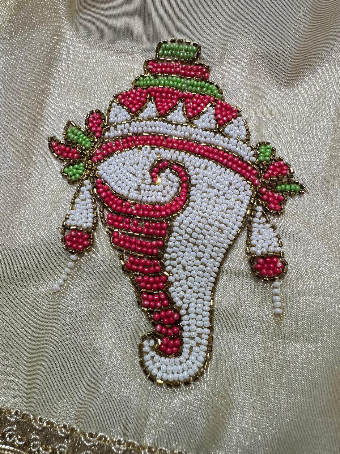 Silver Banarasi Semi Tissue Saree with Shankh Motifs &amp; Hand Ari Work