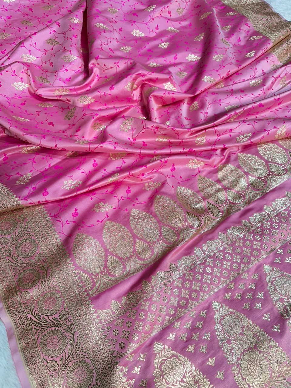 Pink Sikk Banarasi Silk Blend with Satin Saree – Floral Zari Weaving