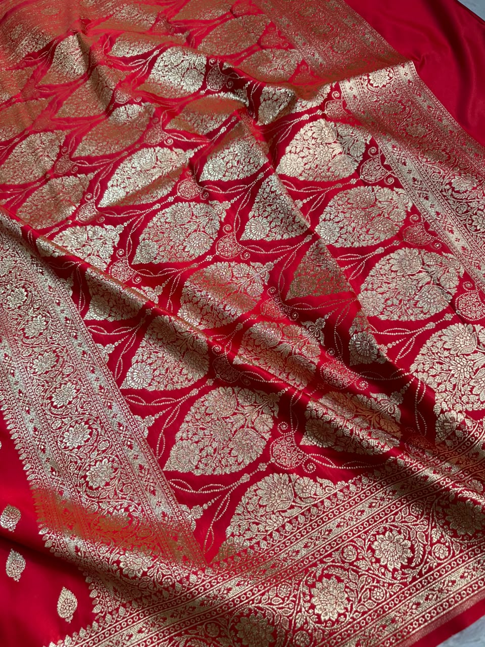Red Banarasi Silk Blend Saree with Rich Zari Weaving
