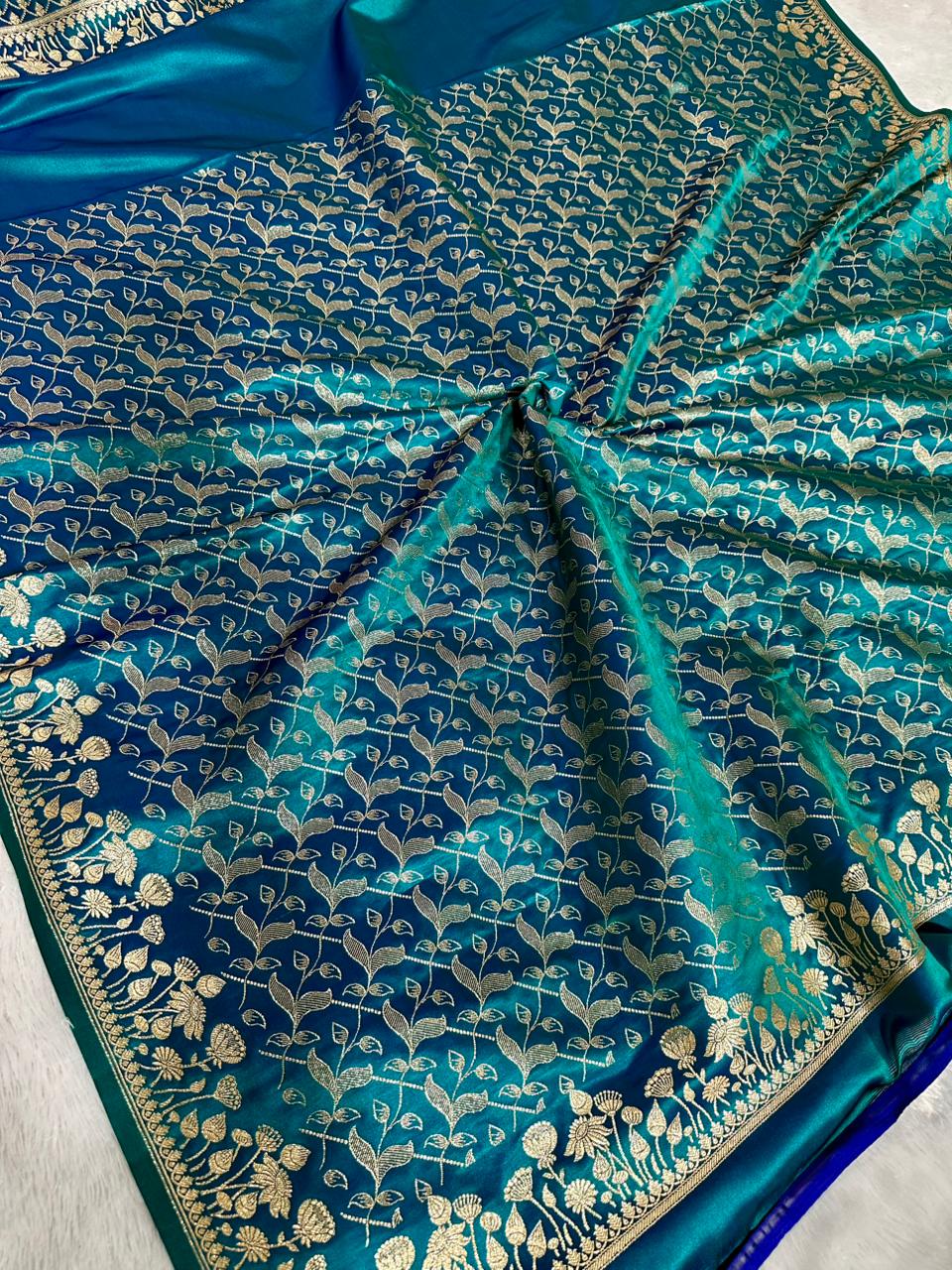 Beautiful Teal Banarasi Silk Blend Satin Saree with Golden Zari Floral Weaving
