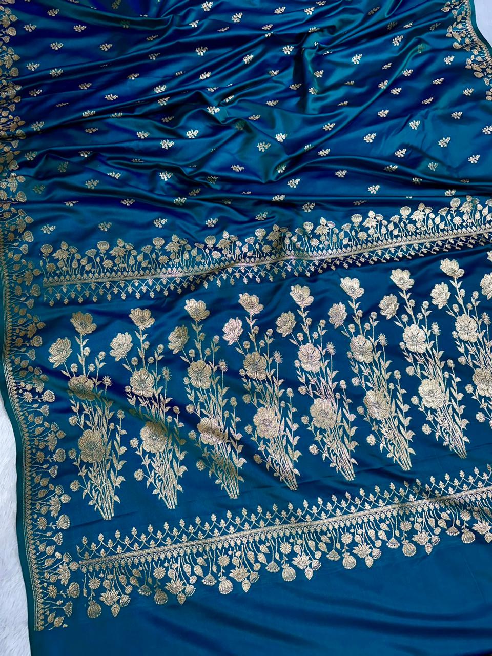 Beautiful Teal Banarasi Silk Blend Satin Saree with Golden Zari Floral Weaving