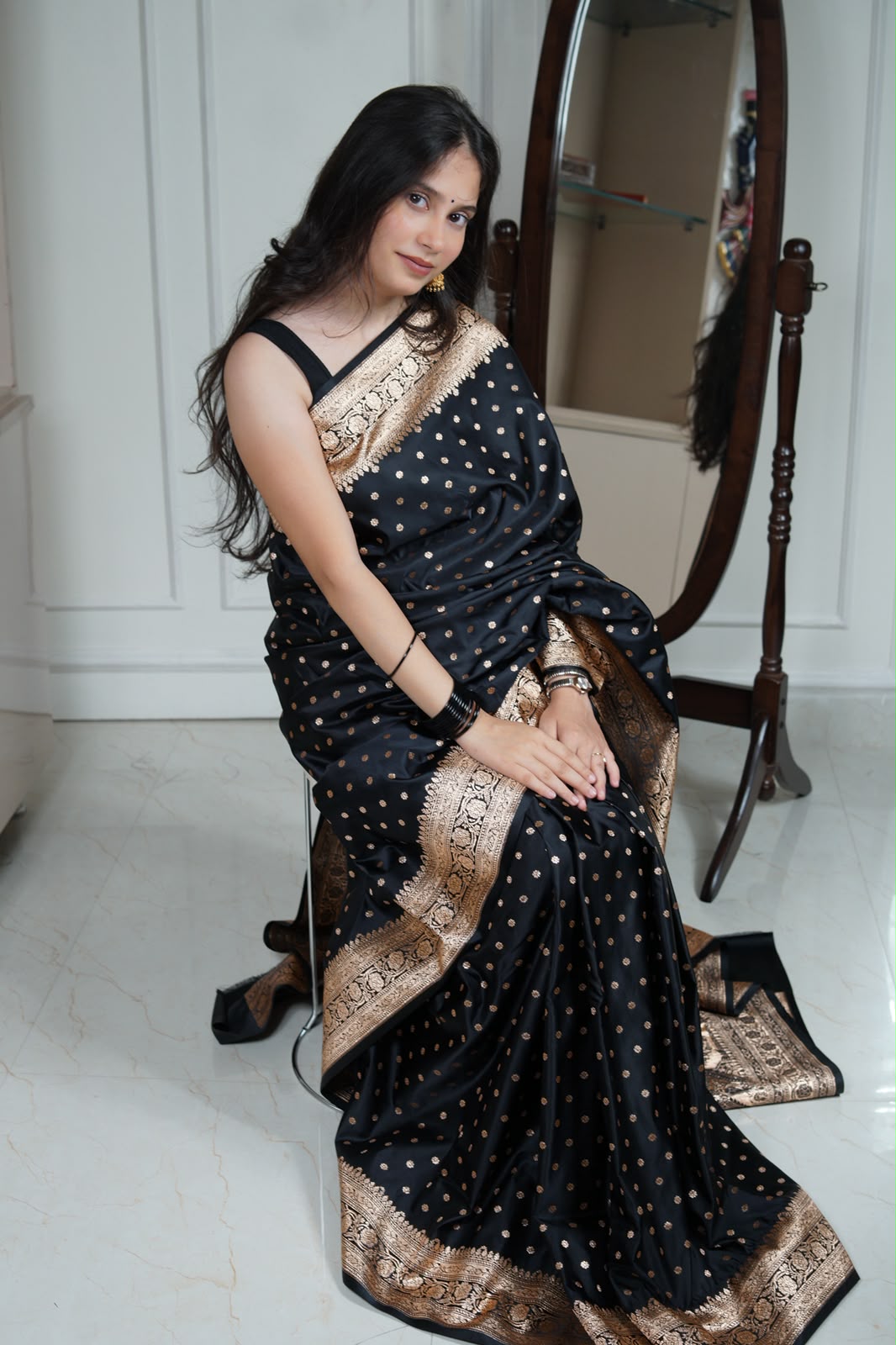 Black Banarasi Silk Saree with Copper-Gold Zari Buti &amp; Traditional Woven Pallu