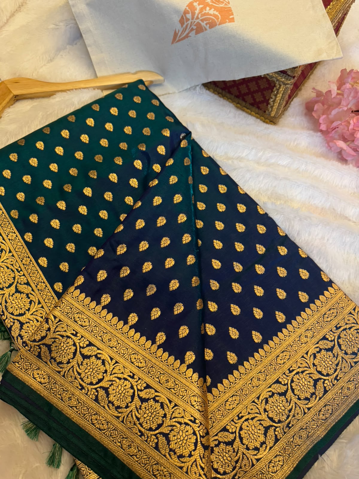 Banarasi Satin Saree with Golden Zari &amp; Tassel Pallu