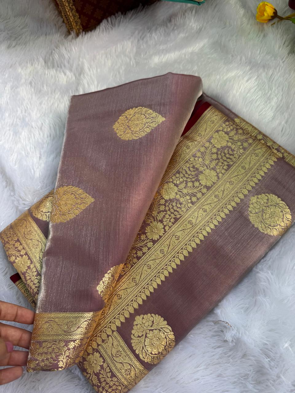Royal Wine Banarasi Satin Saree With Big Buta Motif &amp; Golden Zari Weaving