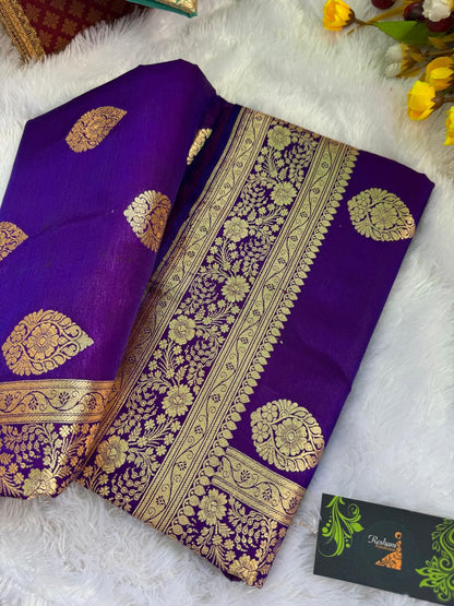 Royal Wine Banarasi Satin Saree With Big Buta Motif &amp; Golden Zari Weaving