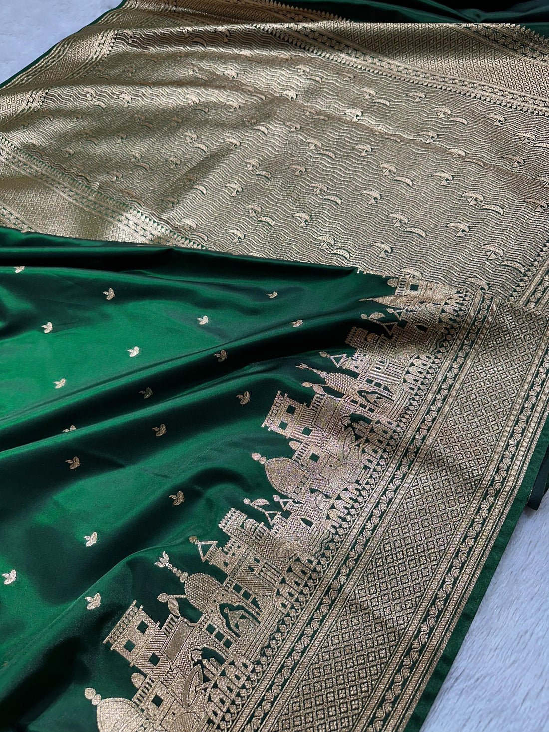 Ganga Ghat Banarasi Silk Satin Saree With Heritage Zari Border