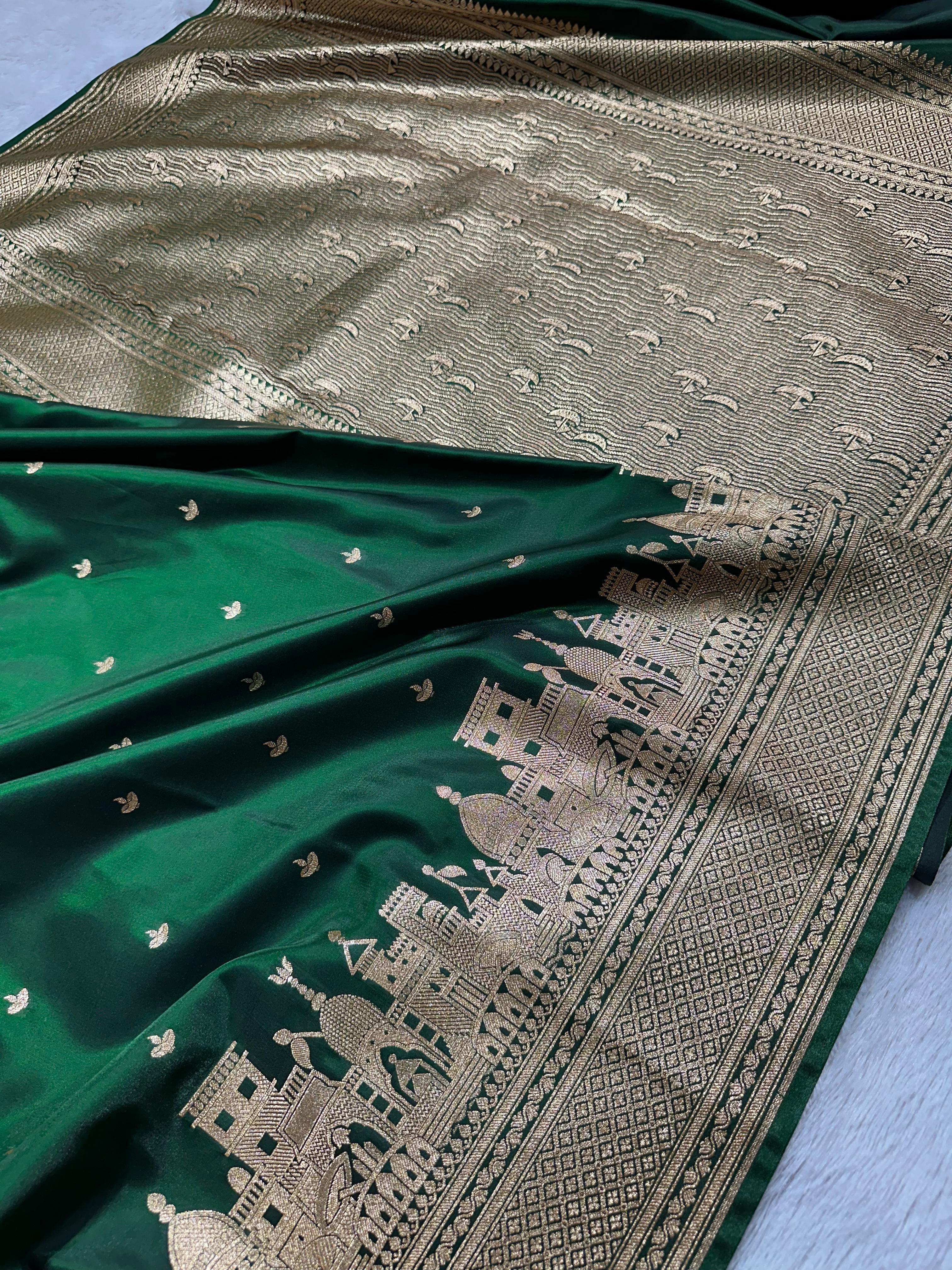 Ganga Ghat Banarasi Silk Satin Saree With Heritage Zari Border