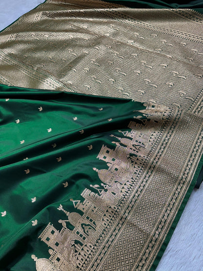 Ganga Ghat Banarasi Silk Satin Saree With Heritage Zari Border