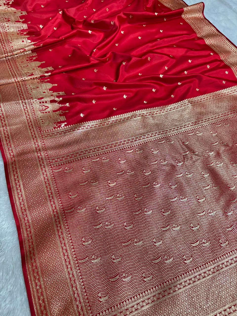 Ganga Ghat Banarasi Silk Satin Saree With Heritage Zari Border
