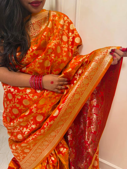 Premium Banarasi Satin Floral Zari Woven Saree