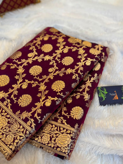 Premium Banarasi Satin Floral Zari Woven Saree
