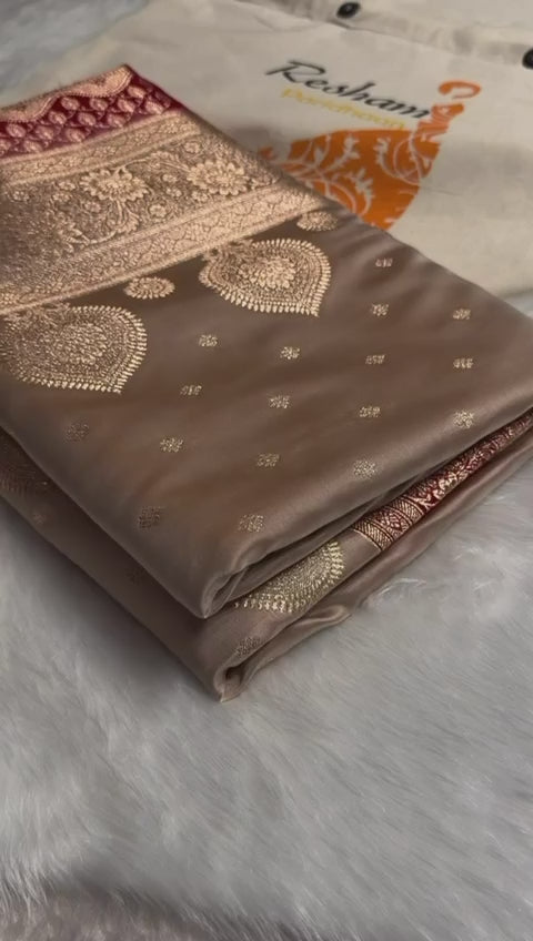 Beige &amp; Red Banarasi Silk Saree with Copper-Golden Zari
