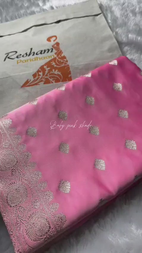 Sky Blue &amp; Pink Soft Silk Banarasi Saree