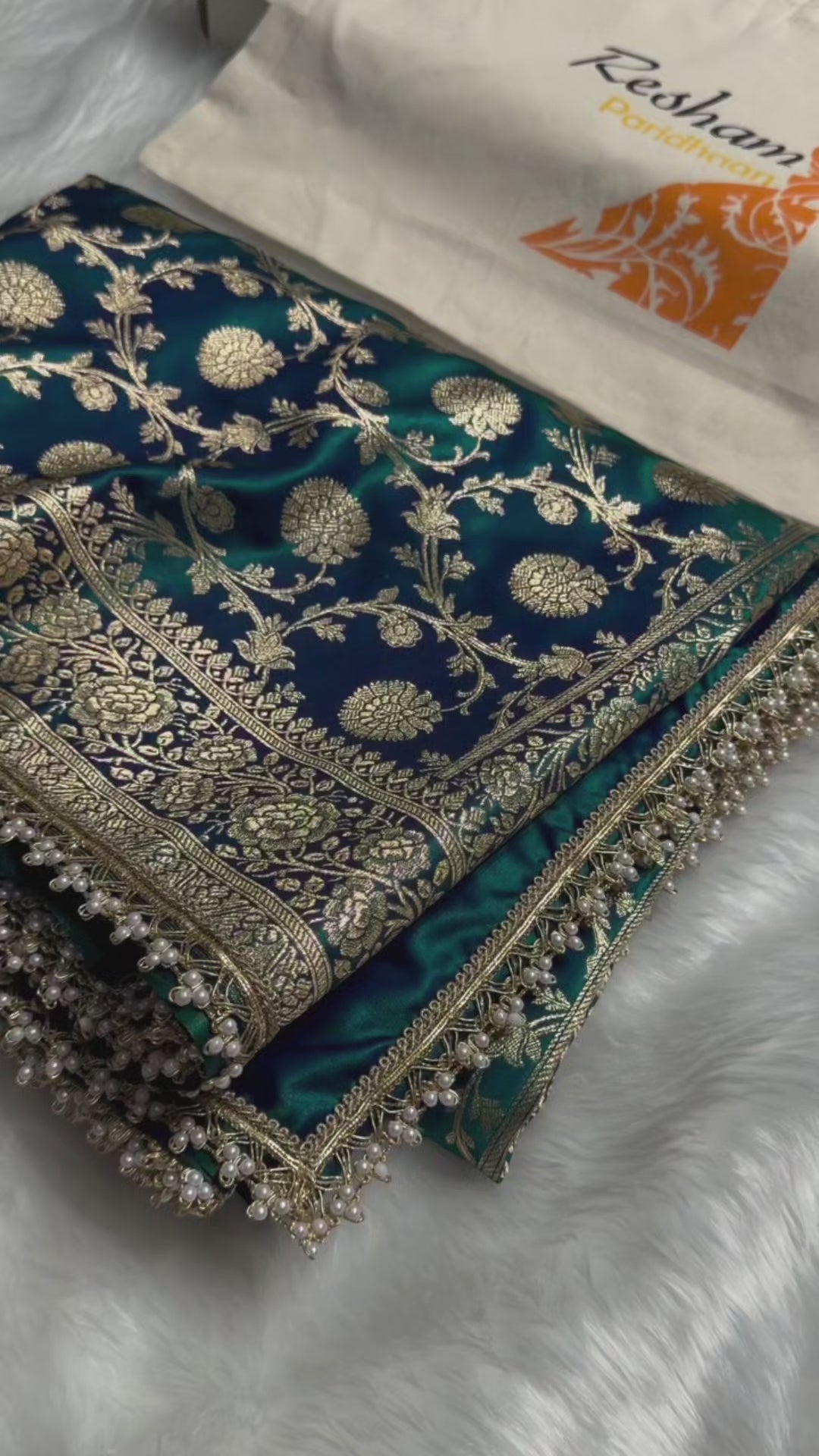 Teal baanrasi satin saree with pearl lace