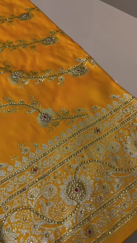 Yellow Bridal Banarasi Saree with Golden Zari &amp; Stone Work