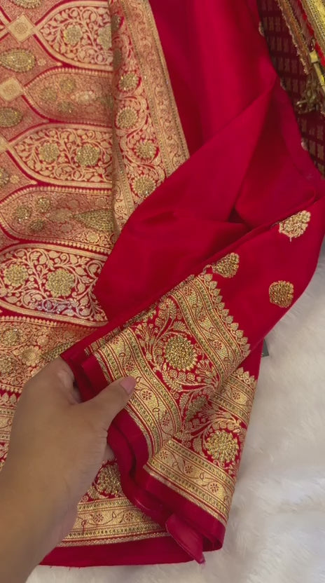 Red Banarasi Saree with Swarovski Work &amp; Heavy Golden Zari