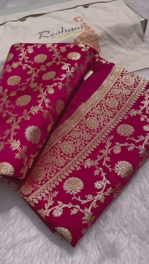 Premium Banarasi Satin Floral Zari Woven Saree