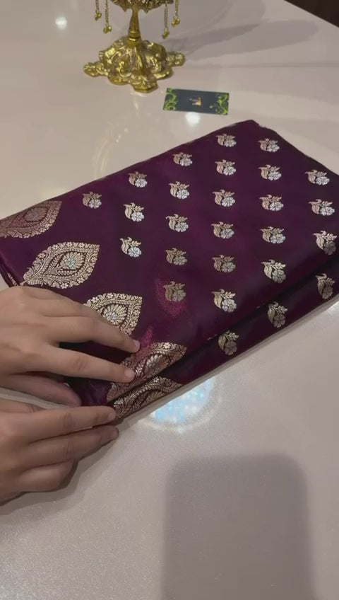 Premium Silk Satin Saree – Green &amp; Wine
